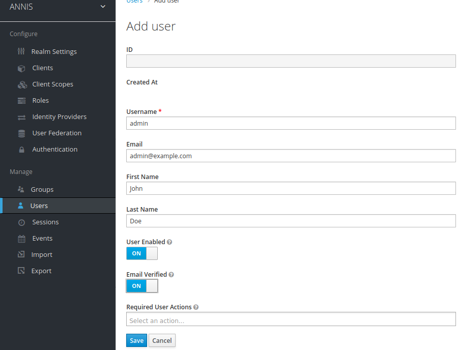 Screenshot of the initial user configuration