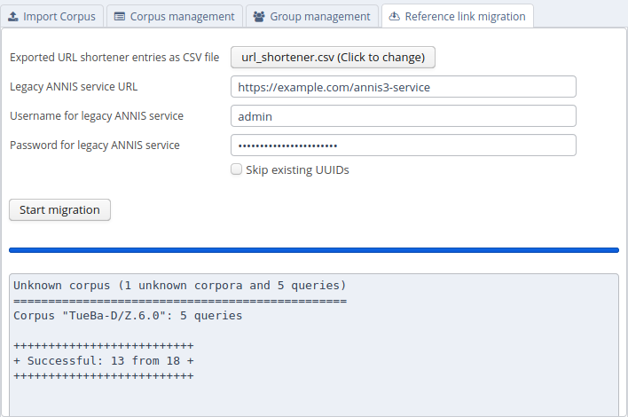 Example configuration for the user interface to migrate reference links