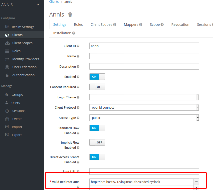 Screenshot the valid redirection URI setting